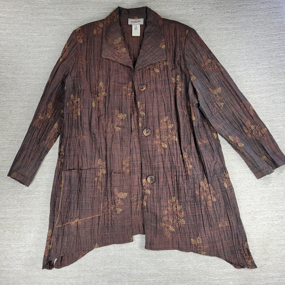 Floral Crinkle Jacket 14 Brown Lagenlook Art to Wear Asymmetric Chalou Int'l